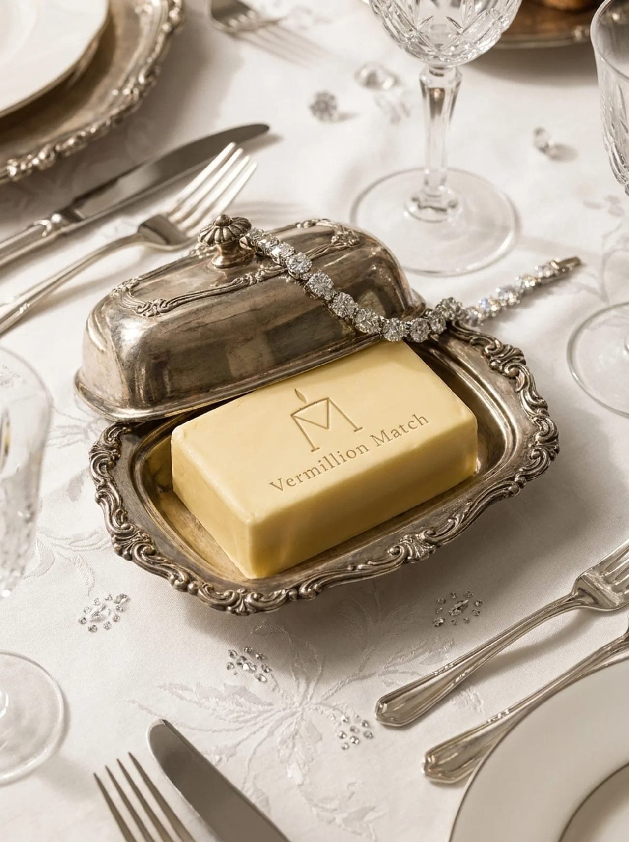 A monogrammed pat of Vermillion Match butter on heirloom silver, set among diamonds.